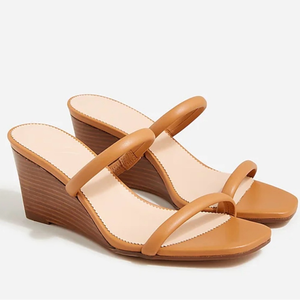 J.CREW Double-strap stacked leather wedges in rich oak, Sz 10-M, New